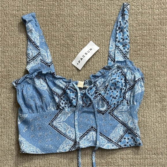 Pacsun L.A. Hearts Bandana‎ Print Smocked Crop Top Tie Front Blue XS - Picture 1 of 5